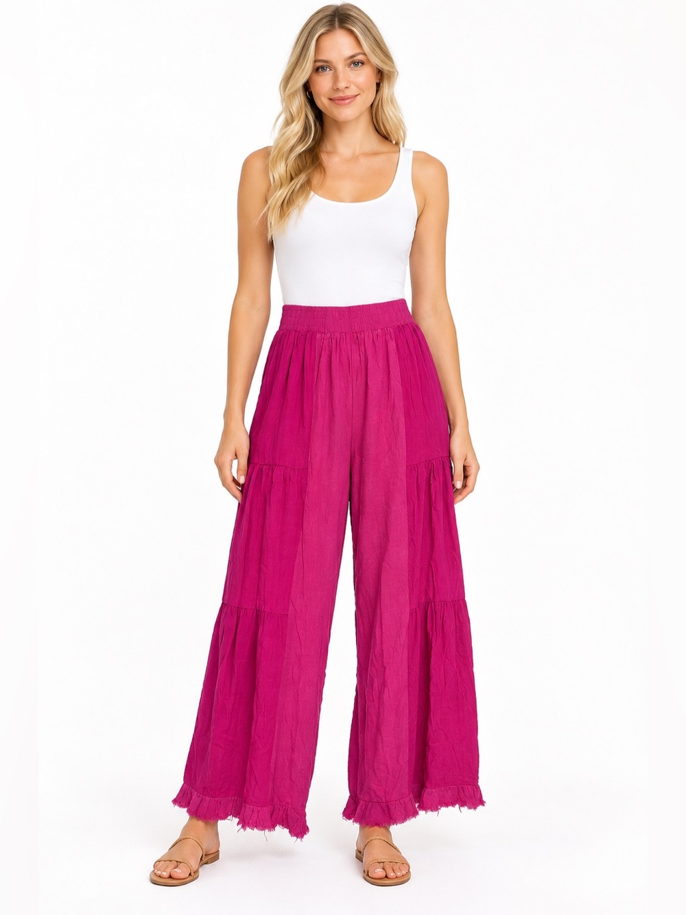 Umgee NWT Size Large Wide-Leg Tiered Pants in Fuchsia Two Tone Women's